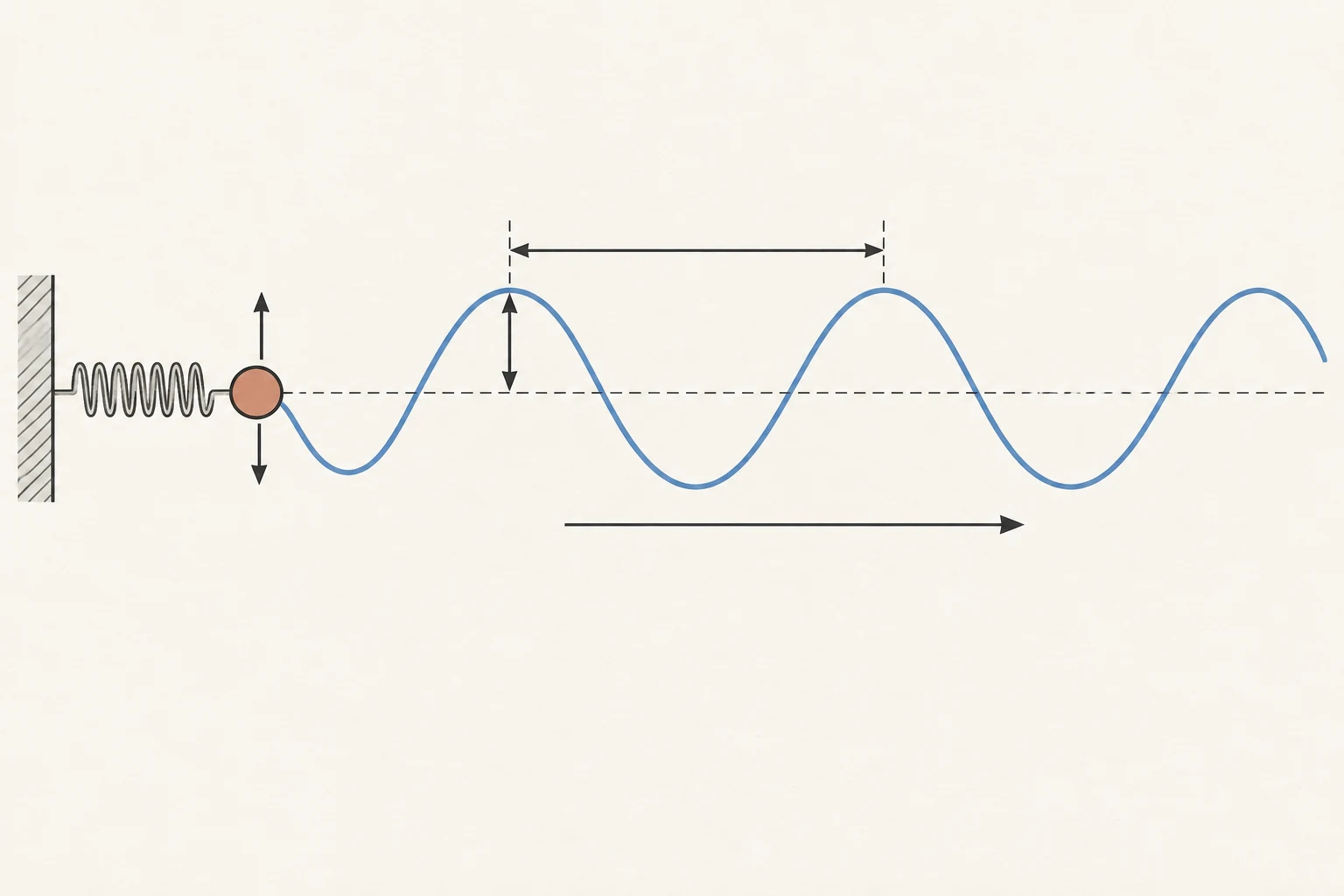 Onda sinusoidal con una flecha horizontal de propagación, una distancia entre crestas para la longitud de onda, una flecha vertical de amplitud y puntos que oscilan localmente.