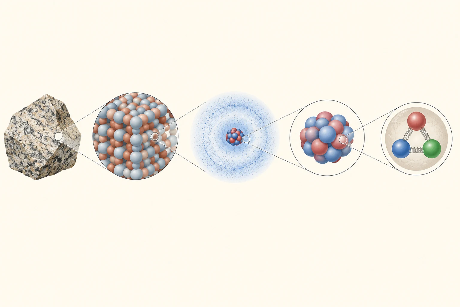 Secuencia descendente desde un material macroscópico hasta átomos, núcleo, nucleones y quarks, con bandas que indican que el modelo cambia de continuo clásico a cuántico, nuclear y de partículas.