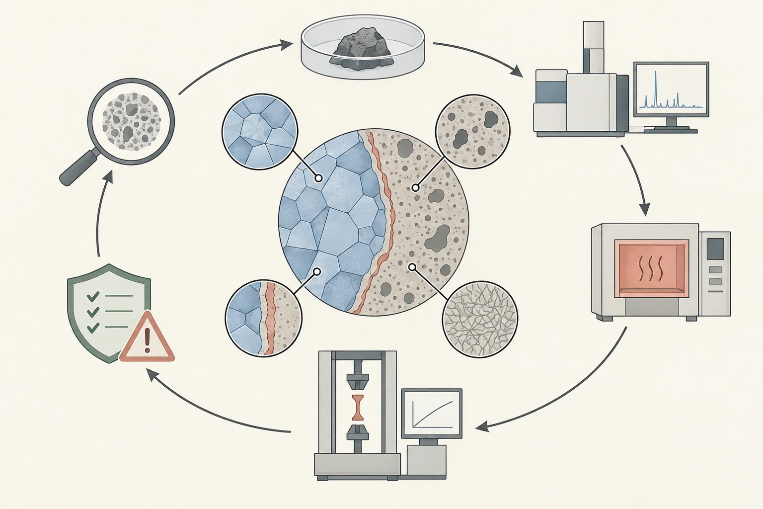 Ciclo con nodos de composición, estructura, propiedad, análisis, proceso y riesgo alrededor de un uso previsto, con flechas de retroalimentación desde la medición hacia el control del material.