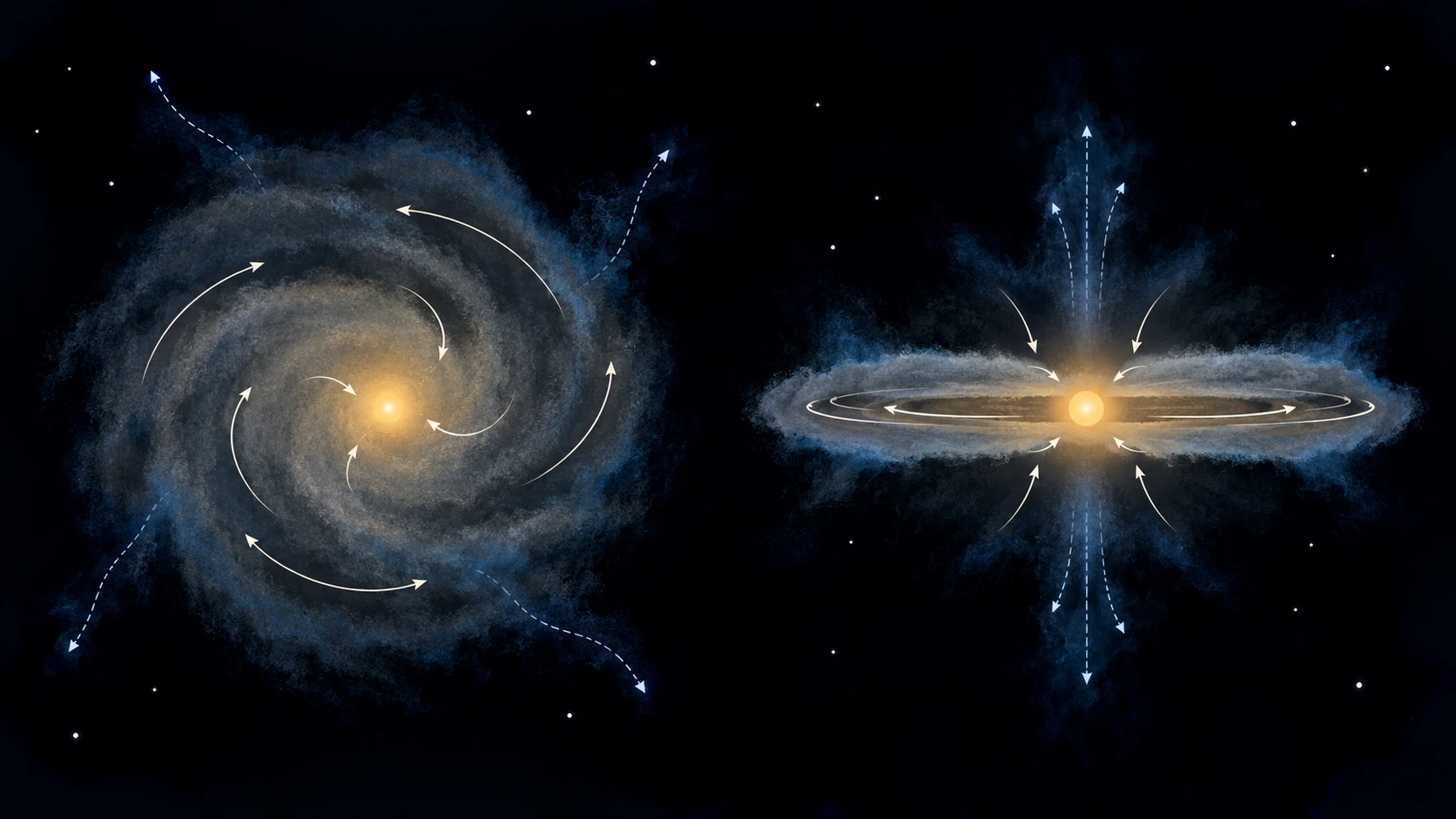 Una nube con rotación da lugar a una concentración central y a un disco; parte de la materia entra mientras otras regiones reciben momento angular.