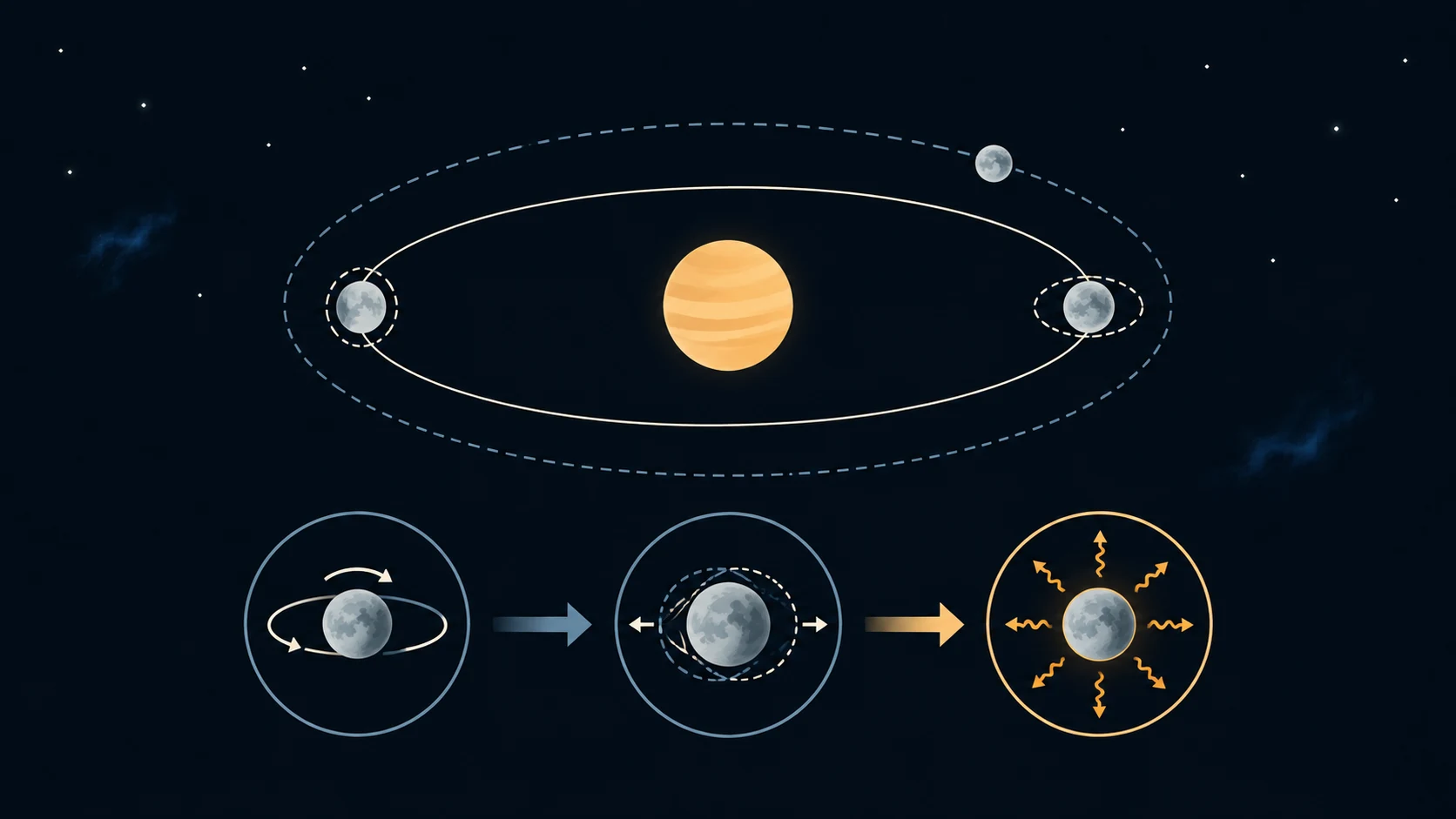 La deformación del satélite cambia a lo largo de la órbita; su respuesta con retraso disipa energía, mientras otras interacciones pueden mantener la excentricidad.