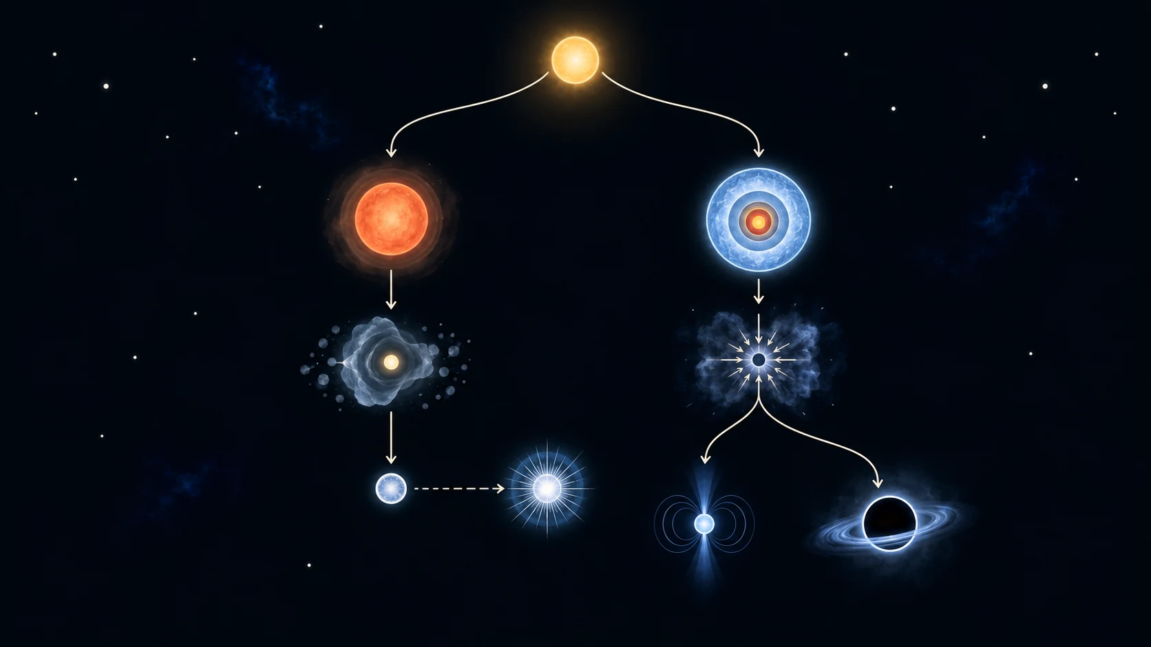 Las estrellas pueden dejar enanas blancas o alcanzar colapso del núcleo; el intercambio en binarias abre rutas adicionales, incluidas explosiones termonucleares.