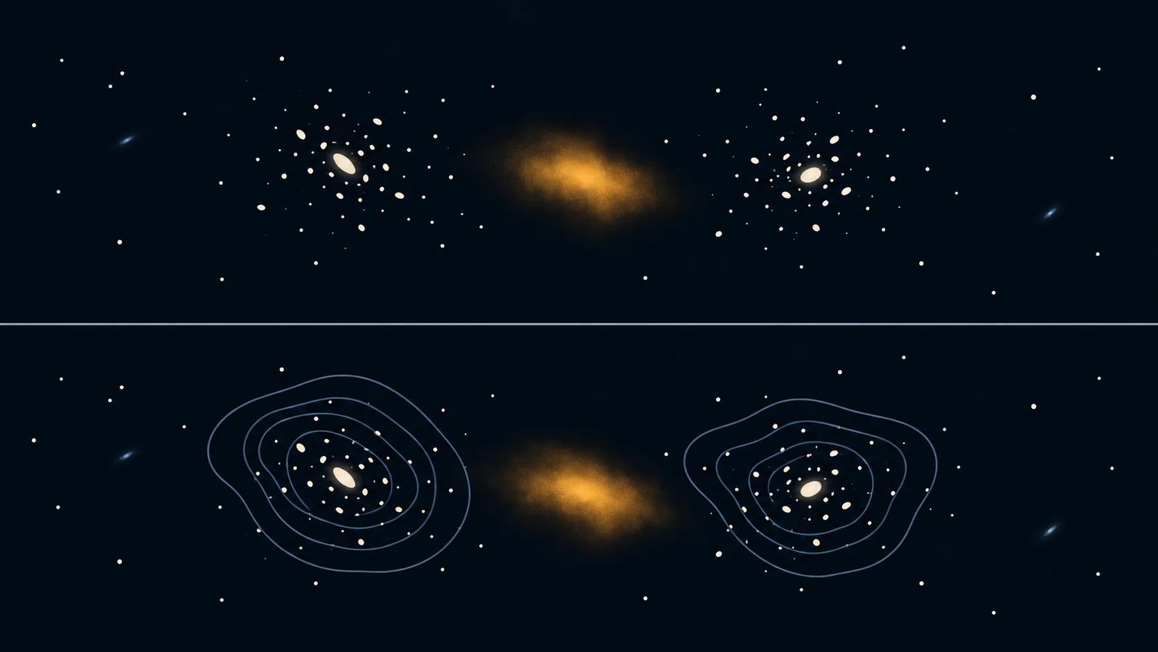 Tras el encuentro, las concentraciones de galaxias se encuentran por delante de parte del gas; los máximos de masa inferidos por lentes se aproximan más a las galaxias que al gas.