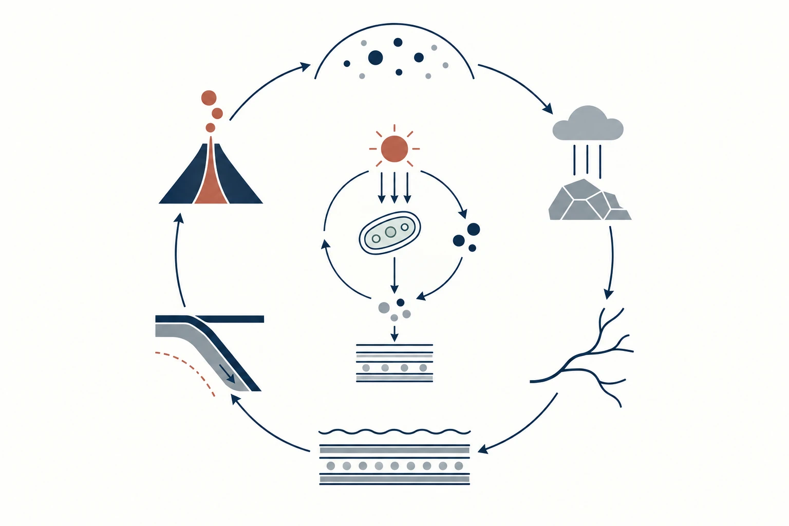 Diagrama científico circular con volcanismo, atmósfera, meteorización, redes fluviales, sedimentos, océano, subducción y un ciclo biológico central