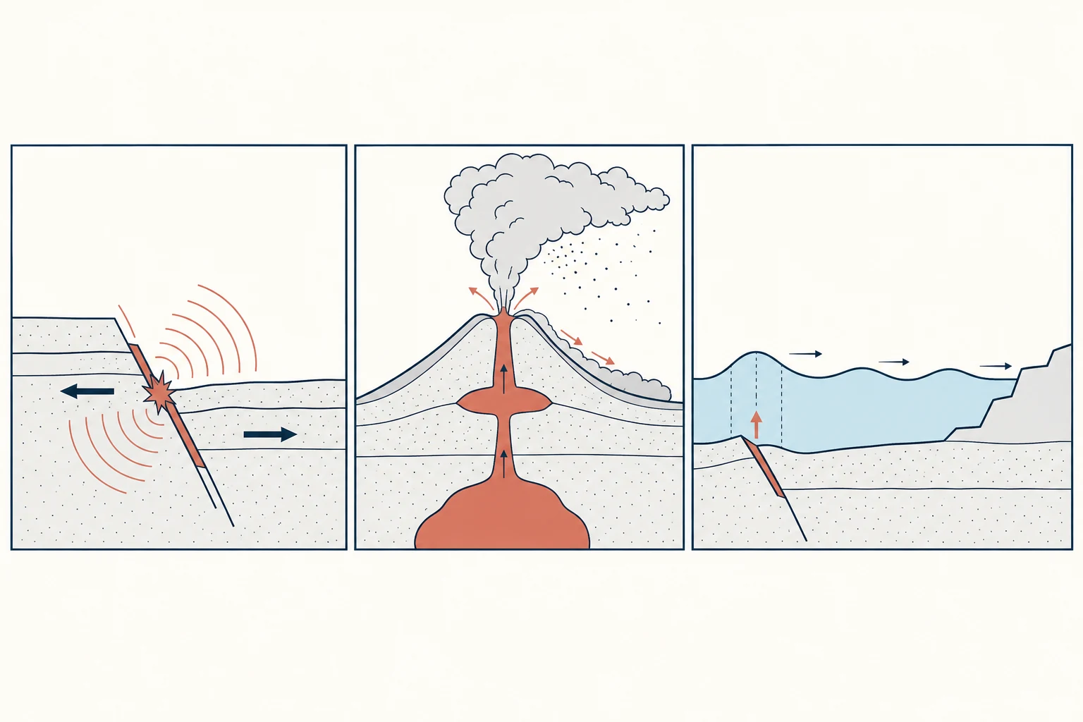 Tres paneles: una falla libera ondas sísmicas; magma asciende por un volcán y genera ceniza y flujos; el desplazamiento vertical del fondo oceánico inicia ondas que avanzan hacia una costa