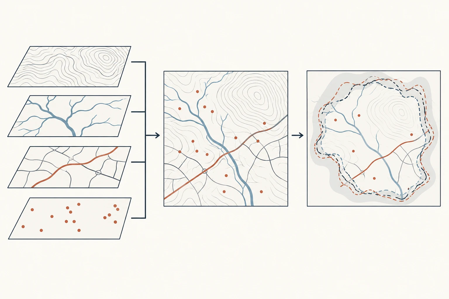 Cuatro capas de curvas de nivel, drenaje, vías y observaciones se combinan en un mapa; otro panel muestra puntos dispersos, una banda incierta y varias fronteras alternativas