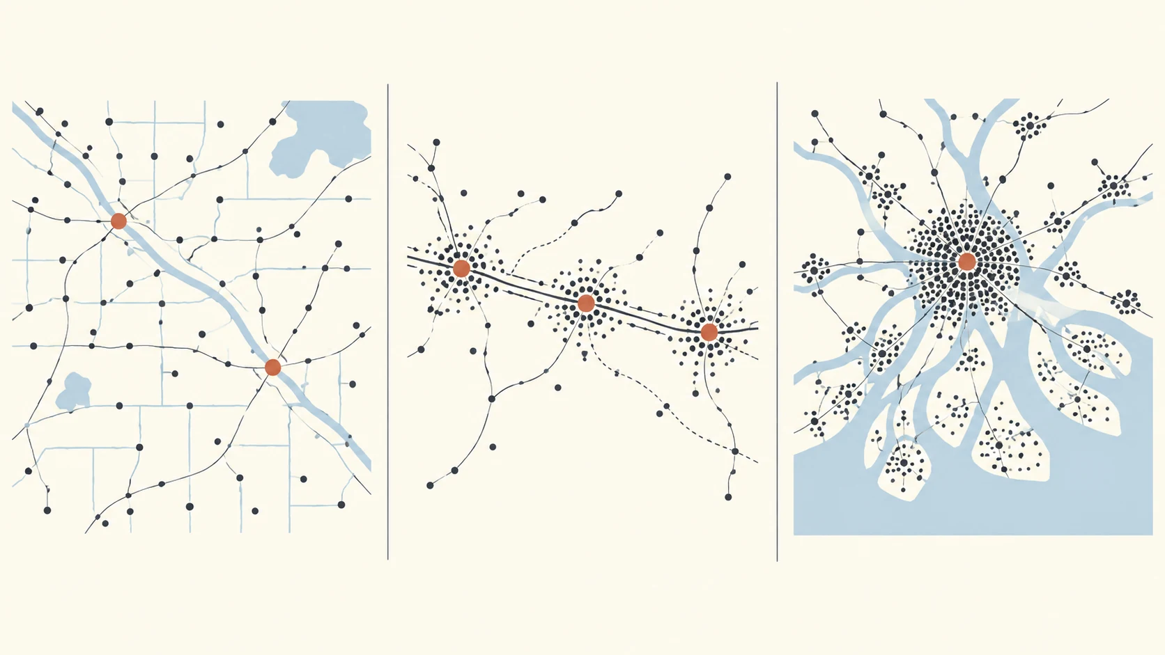 Tres patrones de asentamiento muestran una llanura irrigada, un corredor de ciudades y una metrópoli deltaica con densidades y accesos organizados de manera distinta.